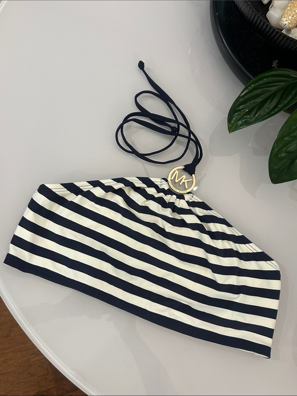 Michael Kors womens Striped Halter bandeau Swim Top with Gold MK Charm M medium